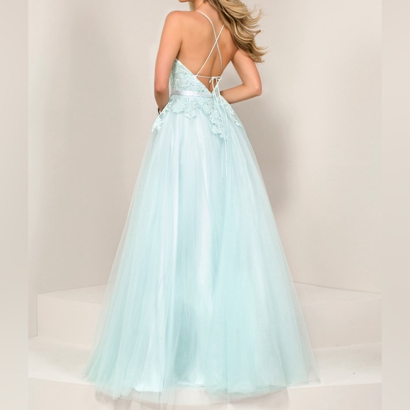 Tiffany Designs 16362 size 2 aqua a line dress with tulle. Tie up back - Picture 2 of 6